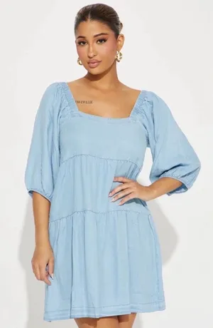 Hunter & Brown Chambray Square Neck Puff Sleeve Tiered Babydoll Mini Dress Med thumbnail 1