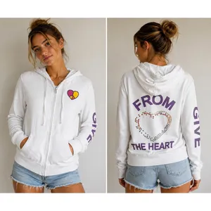 Zip Up Hoodie Womens L White Give From The Heart Rhinestone Peace Graphic thumbnail 2