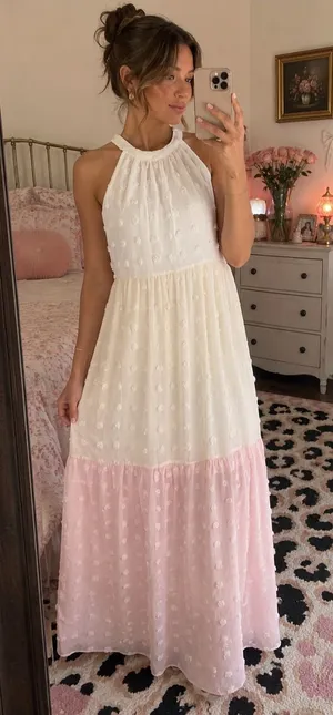 Andrée by Unit Maxi Dress M Pink White Swiss Dot thumbnail 1
