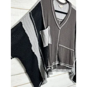 POL Patchwork Thermal Top Small Oversized Cropped Raw Hem Colorblock Boho thumbnail 6