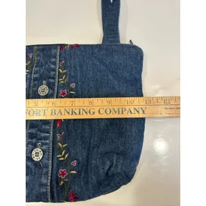 Vintage Handmade Blue Jean Purse Floral Embroidery Pocket Zip Close Boho Hipster thumbnail 4