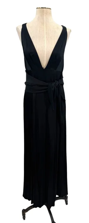 Free People Black Plunge Open Back‎ Maxi Dress Tie Waist High Slit Gown US 2 thumbnail 1