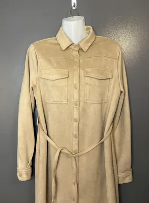 Truth by Republic Dress Womens Medium Tan Faux Leather Snap Front Belted Shacket thumbnail 1