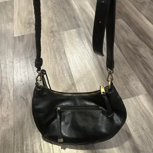 Anthropologie Black Faux Leather Hobo Bag with Metallic Hardware thumbnail 5