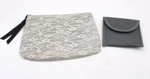 H&M Gray Lace Cosmetic Pouch & Small Faux Leather Set Jewelry Makeup Travel Vtg thumbnail 1