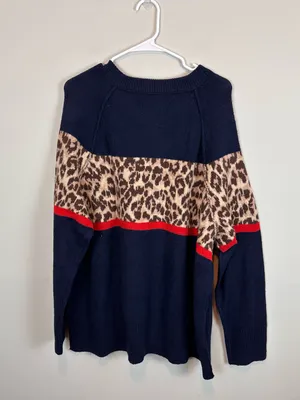 Aerie Navy Leopard Print Colorblock Sweater Crewneck Long Sleeve Pullover Large thumbnail 2