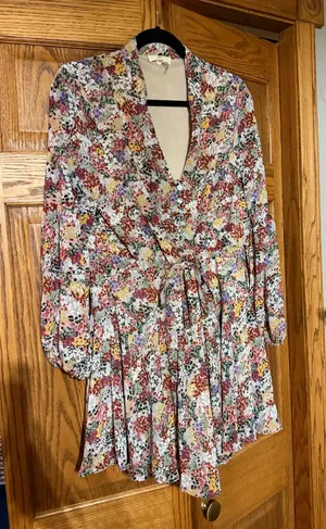 Floral V-Neck Wrap Mini Dress - Multicolor thumbnail 1