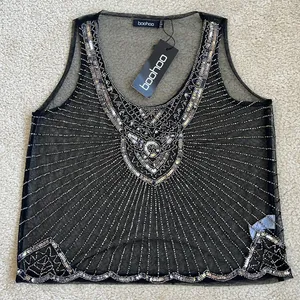 NWT Boohoo Claudia Embellished Beaded Woven Tank Top in Black Women's Size 12 thumbnail 2