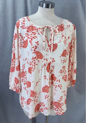Paper Moon Orange Floral Swiss Dot Tie‎ Neck Blouse Womens Large Boho Romantic thumbnail 1