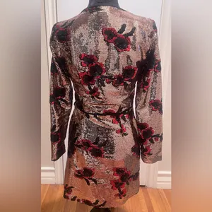 ZARA Gold with Red & Black Floral‎ Sequins Crossover Wrap Mini Dress Size XS thumbnail 12
