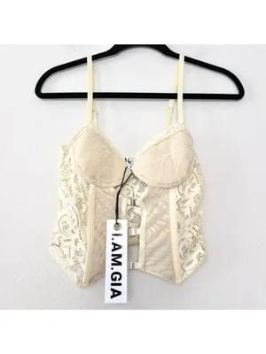 NWT I.AM.GIA Elena Top S Tan Ivory Lace Corset Sheer Crop Burnout Cut Out Velvet thumbnail 5