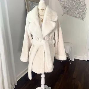 Source Unknown Elegant Old Money Mobwife Ivory White Faux Fur Belted Coat Jacket Size L thumbnail 2
