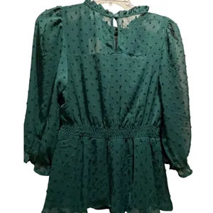Monteau Los Angeles‎ Swiss Dot Peplum Top Green Ruffle Neck Long Sleeve Small thumbnail 4