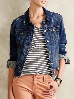 Anthropologie Pilcro‎ AVIE Classic Denim Trucker Jacket Leather Detail Size XS thumbnail 1