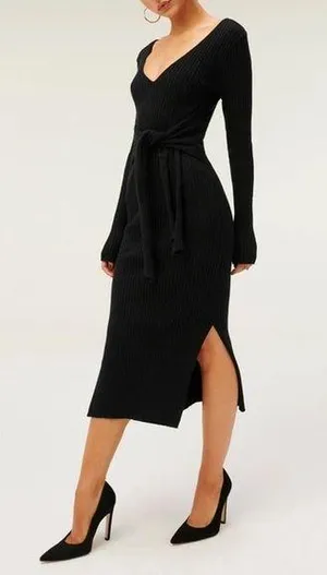 NWT Good American Long Sleeve Belted Bodycon Midi Sweater Dress Black 1/2 thumbnail 1