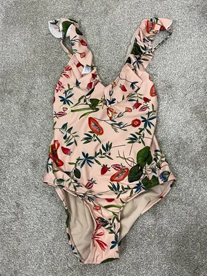 New Free People Medium Pink Peach Floral Ruffle Lace-Up One-Piece Swimsuit thumbnail 2