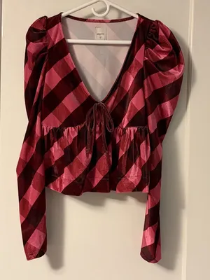 Anthropologie Maeve plaid velvet babydoll top puff sleeves size medium boho thumbnail 3