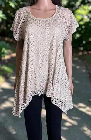 DressBarn Crochet Lace Tunic Top Large Beige Boho Swing Handkerchief Hem thumbnail 1