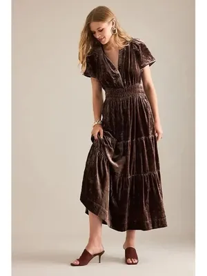 NWT by Anthropologie The Somerset Maxi in Chocolate Brown Velvet Edition Dress L thumbnail 3