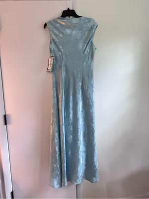Betsy & Adam floral jacquard gown in dusty blue with a cowl neckline thumbnail 6