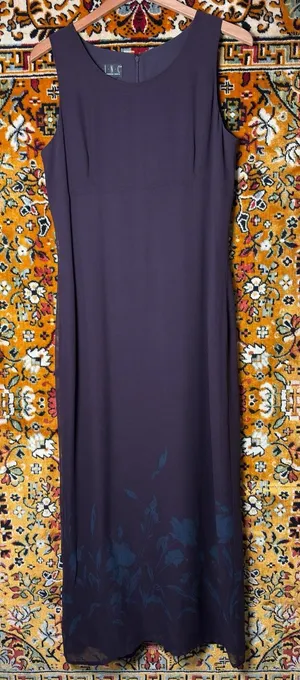 Vintage INC Dark Purple 100% Silk Floral Maxi Dress Size 12 Wedding Guest thumbnail 1
