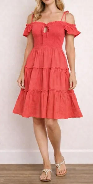 Mi ami Coral Red Off-Shoulder Tiered Midi Skirt thumbnail 1