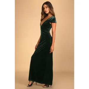 NWT Lulus Feeling Flawless Emerald Green Velvet V-Neck Maxi Dress Banquet Sz L thumbnail 6