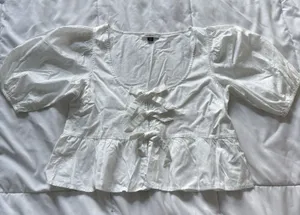 American Eagle Blouse Tie Front Puff Sleeve‎ Peplum Top Womens Small Oversized thumbnail 1