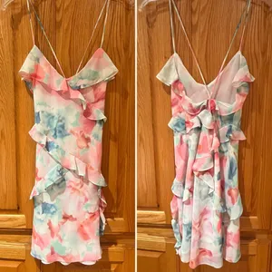 ZARA Watercolor Floral Printed Ruffle‎ Lined Mini Dress Pink Blue Green Sz Small thumbnail 12