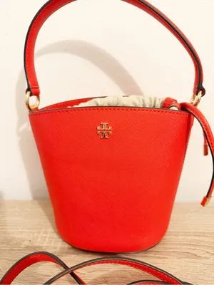 TORY BURCH EMERSON Mini Drawstring Bucket Leather Crossbody Red Bag thumbnail 3