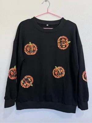 Black Sequin Pumpkin Halloween Sweatshirt Oversized Cozy Fall Medium NWOT thumbnail 2