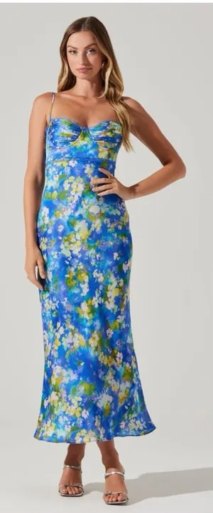 ASTR the Label Florianne Blue Floral Maxi Slip Dress Small Bustier Wedding Guest thumbnail 1