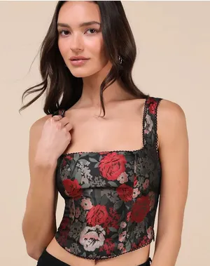 NIA | Elizabeth Corset Top Red and Black Floral Jacquard | Extra Small thumbnail 1