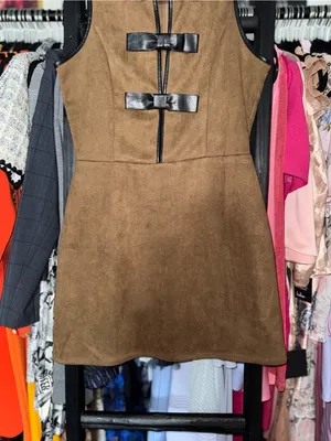 Flat White Faux Suede Bow Trim Sleeveless Mini Dress Brown Womens Small EUC thumbnail 9