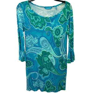 Tori Richard Honolulu XXS Blue Green Paisley Tunic Dress Bell Sleeve Stretch thumbnail 9