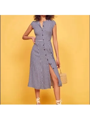 Reformation Fauna Blue Plaid Gingham Button Front Midi Dress Size 0 thumbnail 3