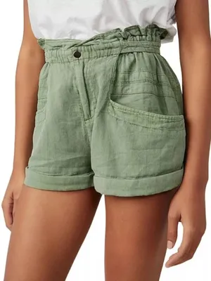 Free People Topanga High-Waist Paperbag Shorts Green Linen Cotton SIZE M MEDIUM thumbnail 1
