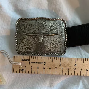 POLISHED & ETCHED DESIGN STAINLESS STEEL BUCKLE & LEATHER BELT.Sz: L thumbnail 6