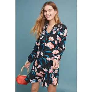 Maeve Anthropologie Ragonda‎ Floral Smocked Shoulder Tunic Shift Dress Black 4 thumbnail 2