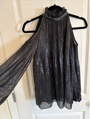 Lauren Ralph Lauren Black Metallic Cold Shoulder Blouse Accordion‎ Plissé Small thumbnail 1