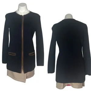 LAUREN RALPH LAUREN Black Cotton Knit Jacket Brown Faux Suede Trim Size Medium thumbnail 10