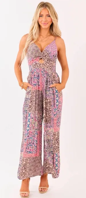 NWT Angie Multicolor Floral Patchwork Maxi Dress in Brown, Pink & Purple thumbnail 1