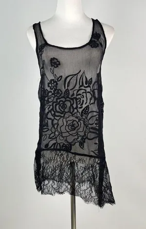 NWOT Johnny Was Silk Black Sheer Floral Embroidered Lace Tank Top Sz S thumbnail 1