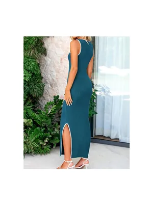 Sleeveless Teal Bodycon Maxi Dress with Side Slit thumbnail 3