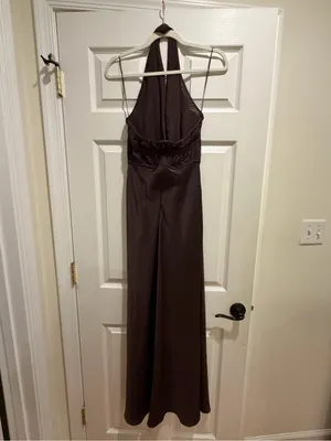 Misha Halter Cutout Satin Maxi Dress in Deep Brown thumbnail 11