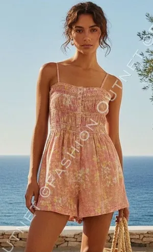 Free People FP One Sammi Shorts Romper 100% Cotton Floral print Orange boho Sz M thumbnail 1