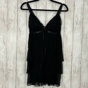 Enchanted Black Ruffle Sequin Baby Doll Lingerie Matching Thong Medium thumbnail 2