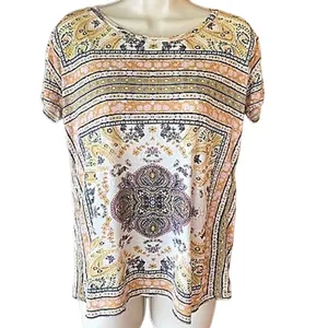 LUCKY BRAND Boho Brown & Cream Bohemian T-Shirt Top ~ Women's Size SMALL thumbnail 2