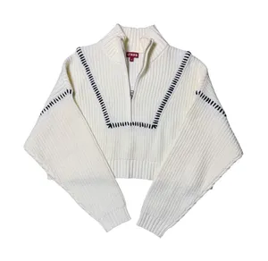 Staud Hampton Cropped Sweater Cream and Navy Blue Stitch thumbnail 1