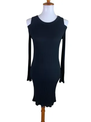 LNA‎ Black Ribbed Cold Shoulder Bodycon Midi Dress Minimalist USA Made L thumbnail 2